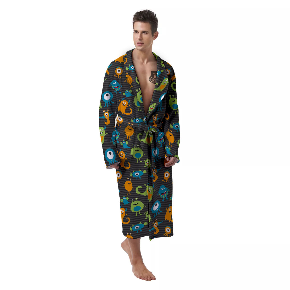 Alien Grey Striped Print Pattern Men's Robe-grizzshop