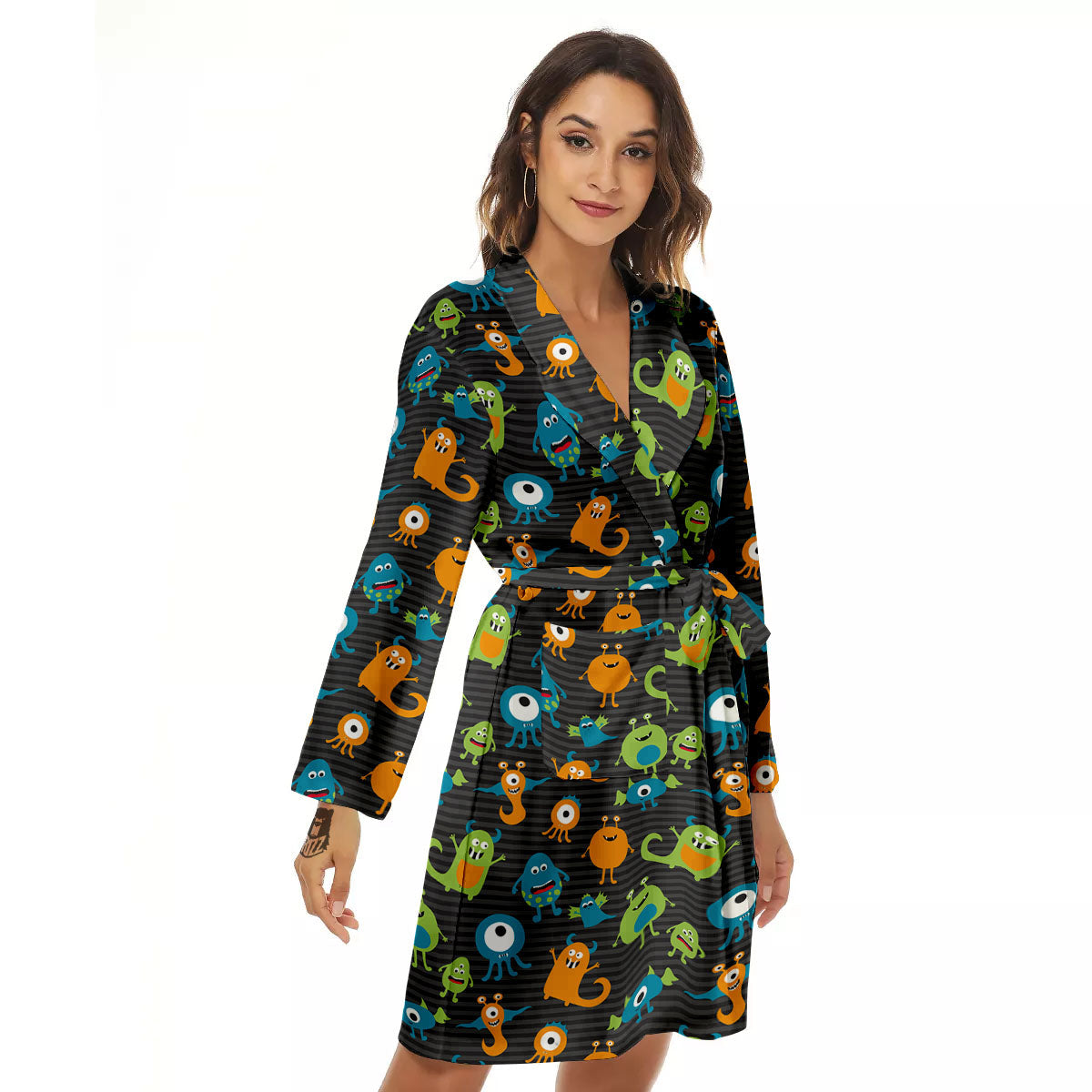 Alien Grey Striped Print Pattern Women's Robe-grizzshop