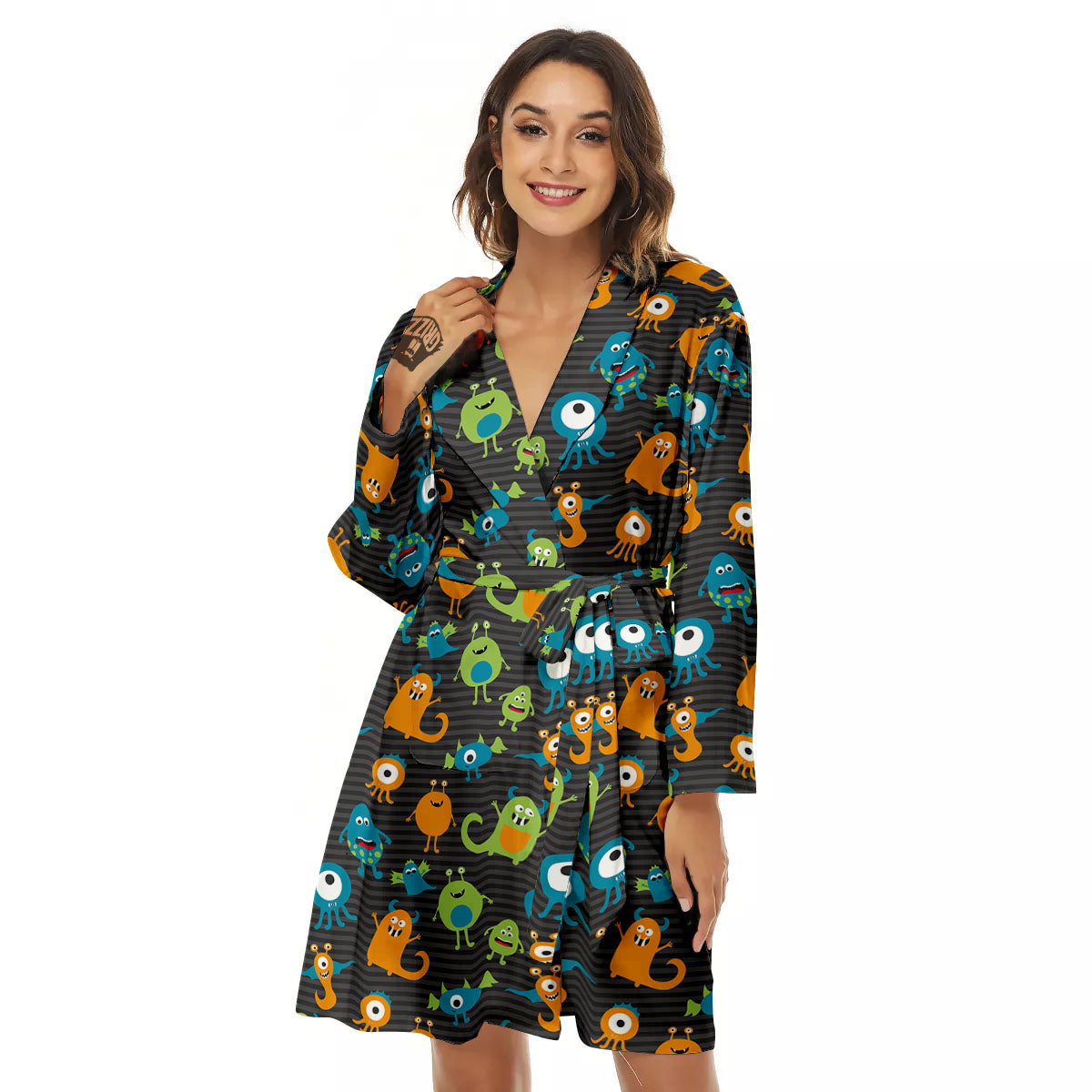 Alien Grey Striped Print Pattern Women's Robe-grizzshop