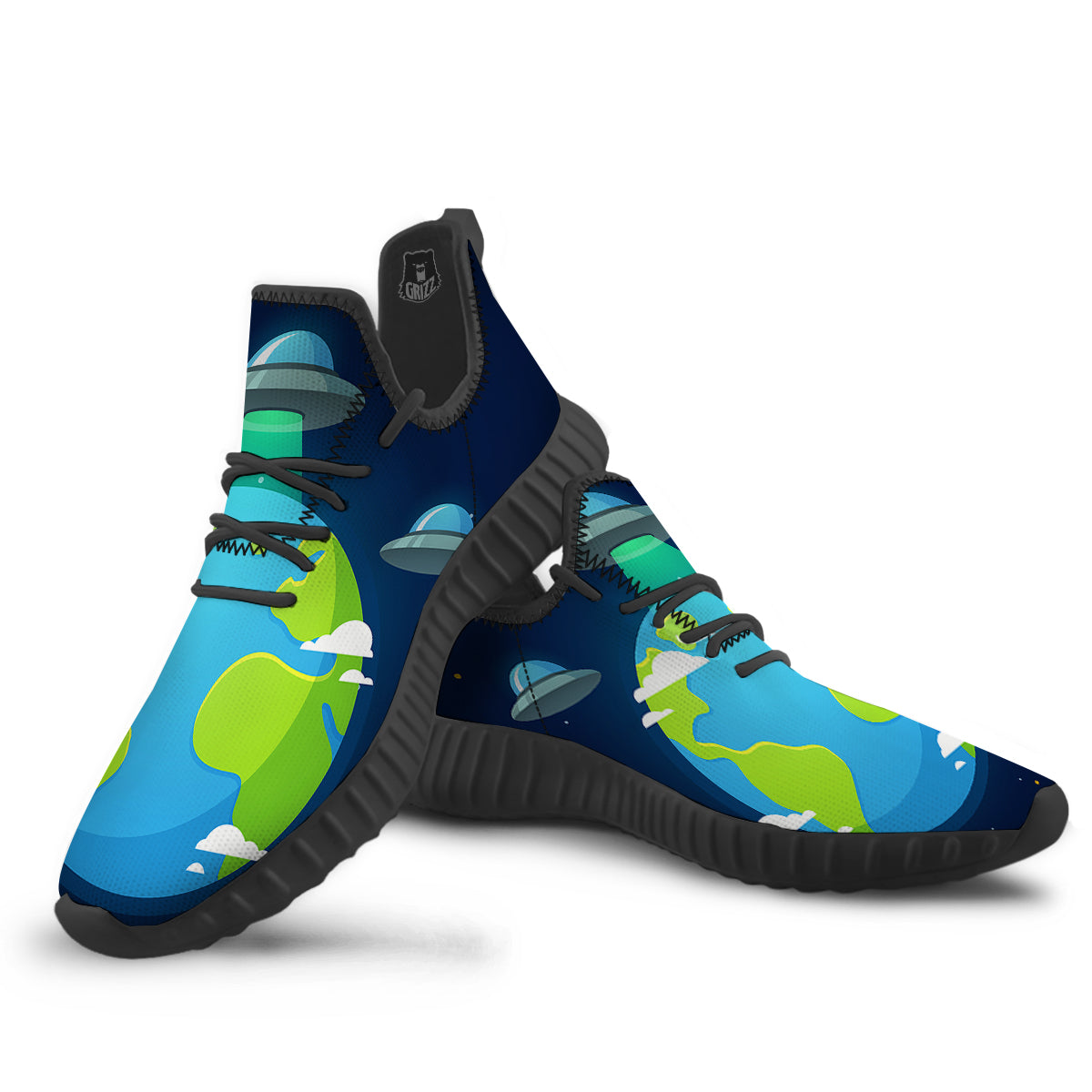 Alien Invasion And Earth Print Black Walking Shoes-grizzshop