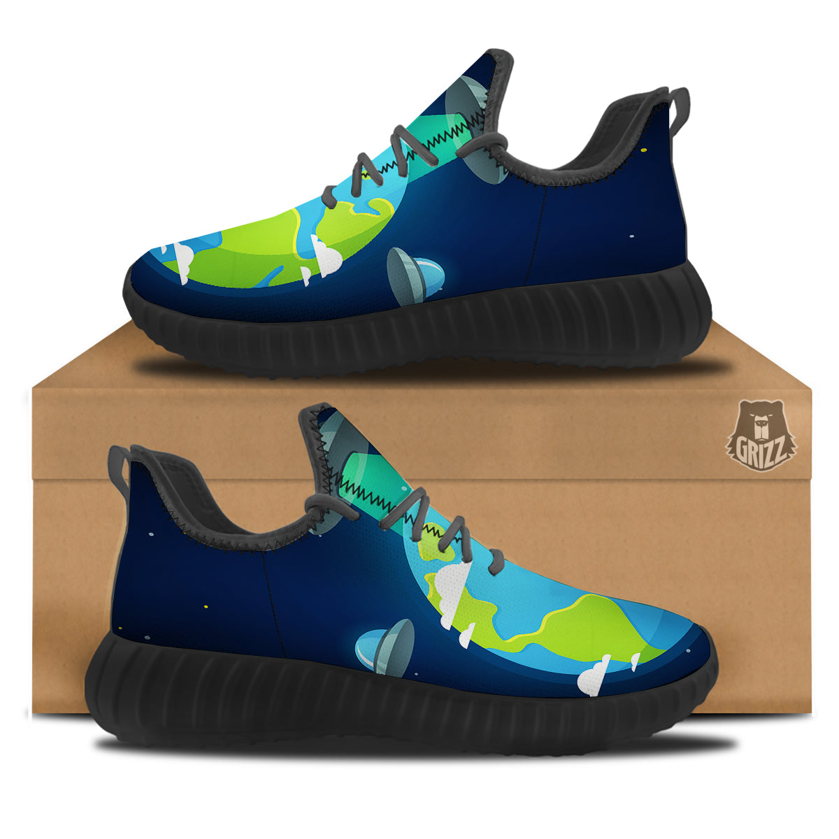 Alien Invasion And Earth Print Black Walking Shoes-grizzshop