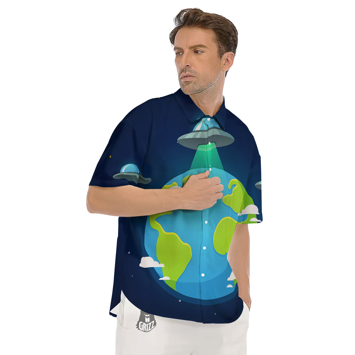 Alien Invasion And Earth Print Men's Short Sleeve Shirts-grizzshop