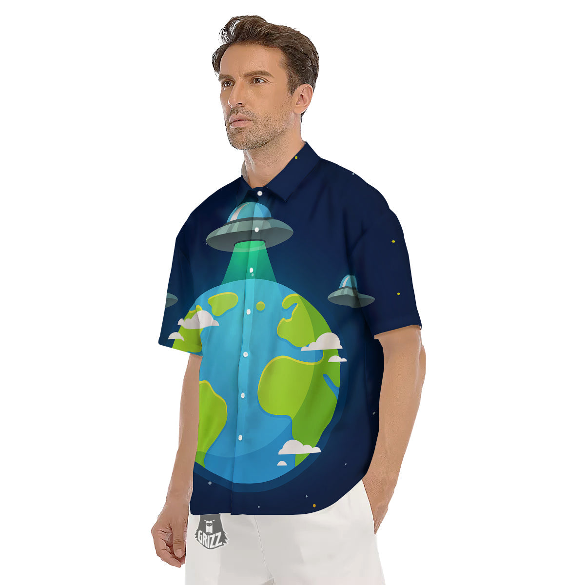 Alien Invasion And Earth Print Men's Short Sleeve Shirts-grizzshop