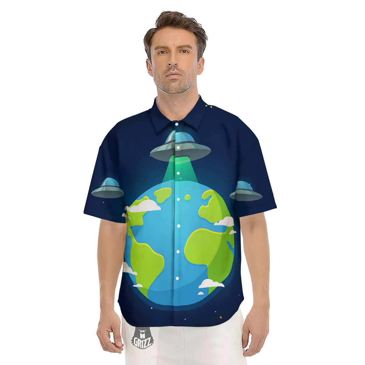 Alien Invasion And Earth Print Men's Short Sleeve Shirts-grizzshop