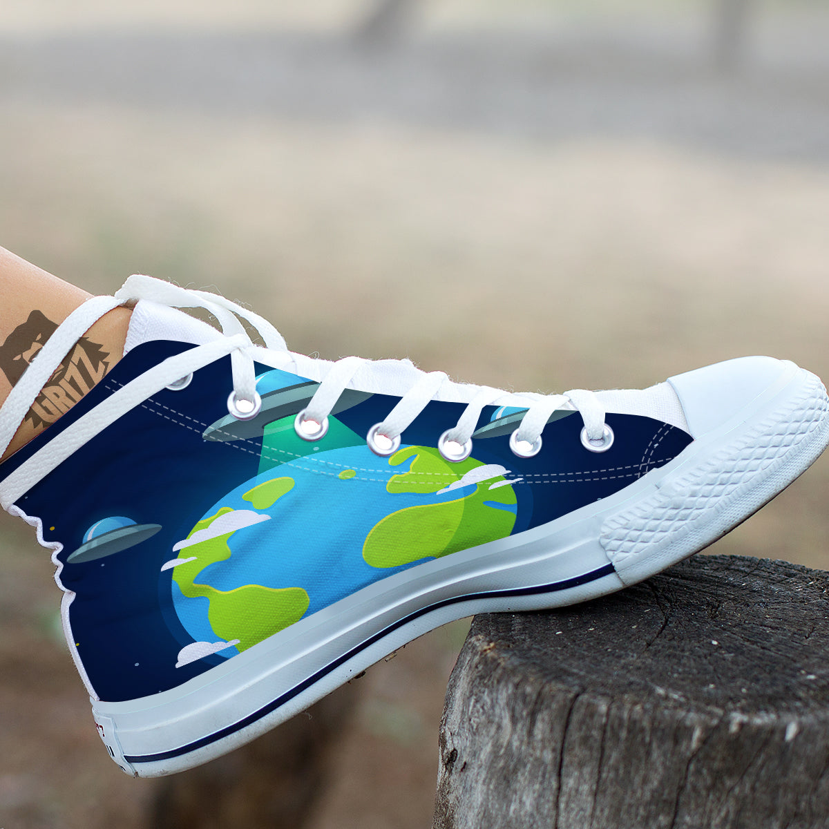 Alien Invasion And Earth Print White High Top Shoes-grizzshop