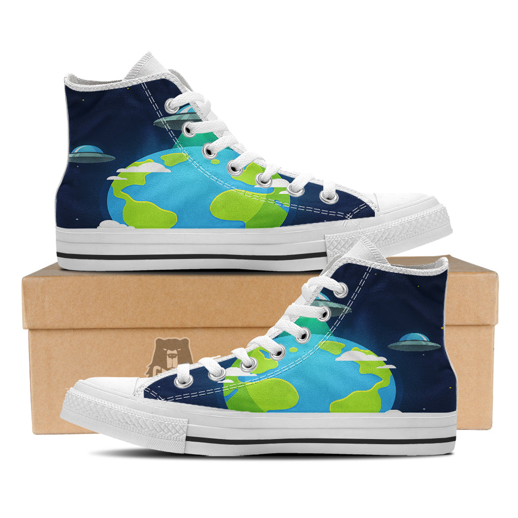 Alien Invasion And Earth Print White High Top Shoes-grizzshop
