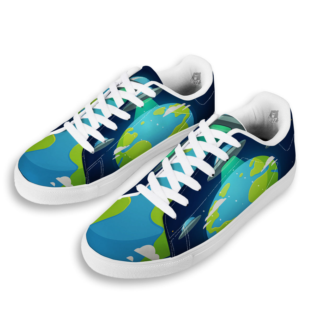 Alien Invasion And Earth Print White Low Top Sneakers-grizzshop