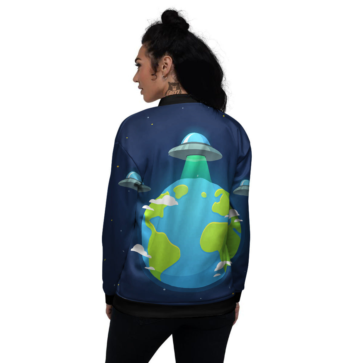 Alien Invasion And Earth Print Women's Bomber Jacket-grizzshop