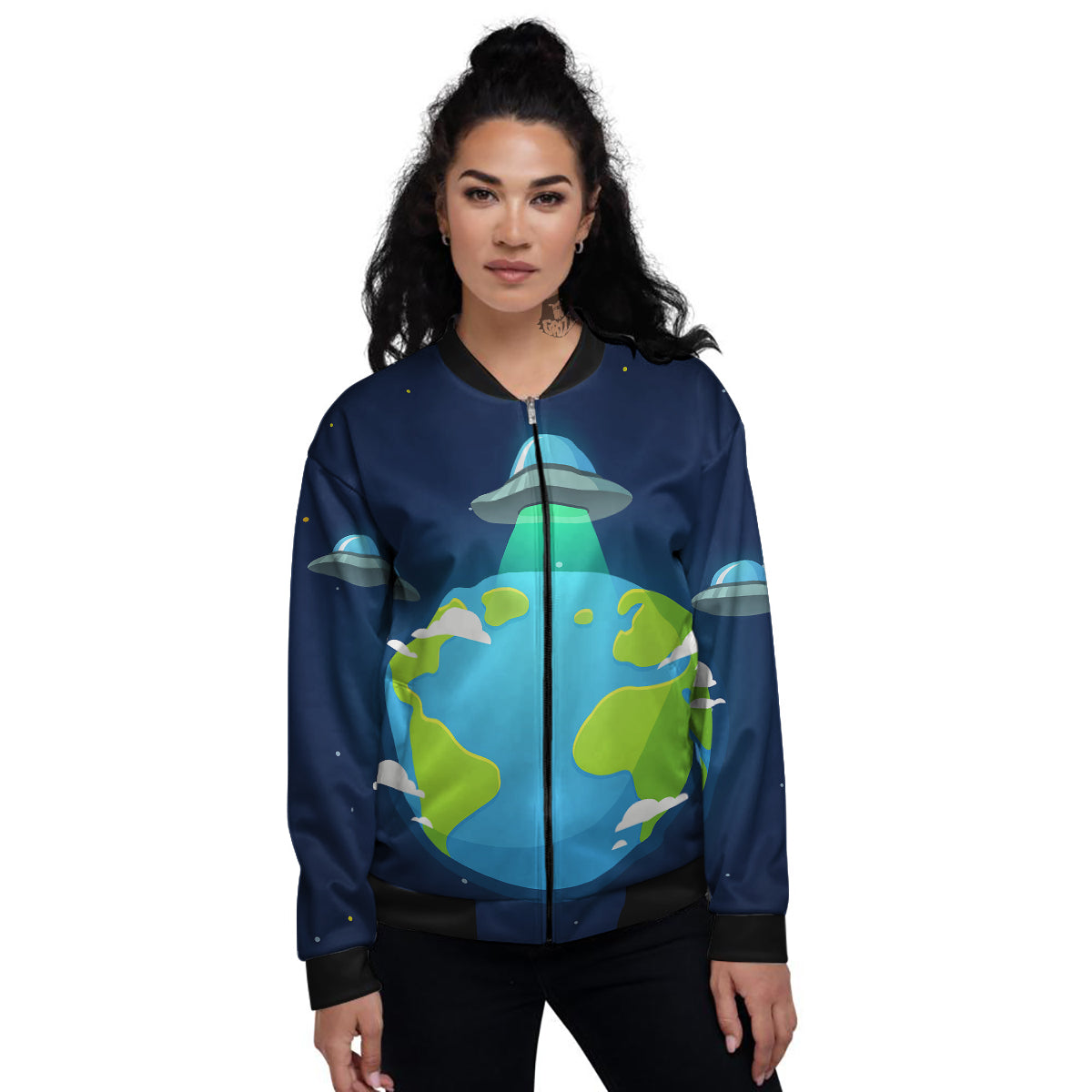 Alien Invasion And Earth Print Women's Bomber Jacket-grizzshop