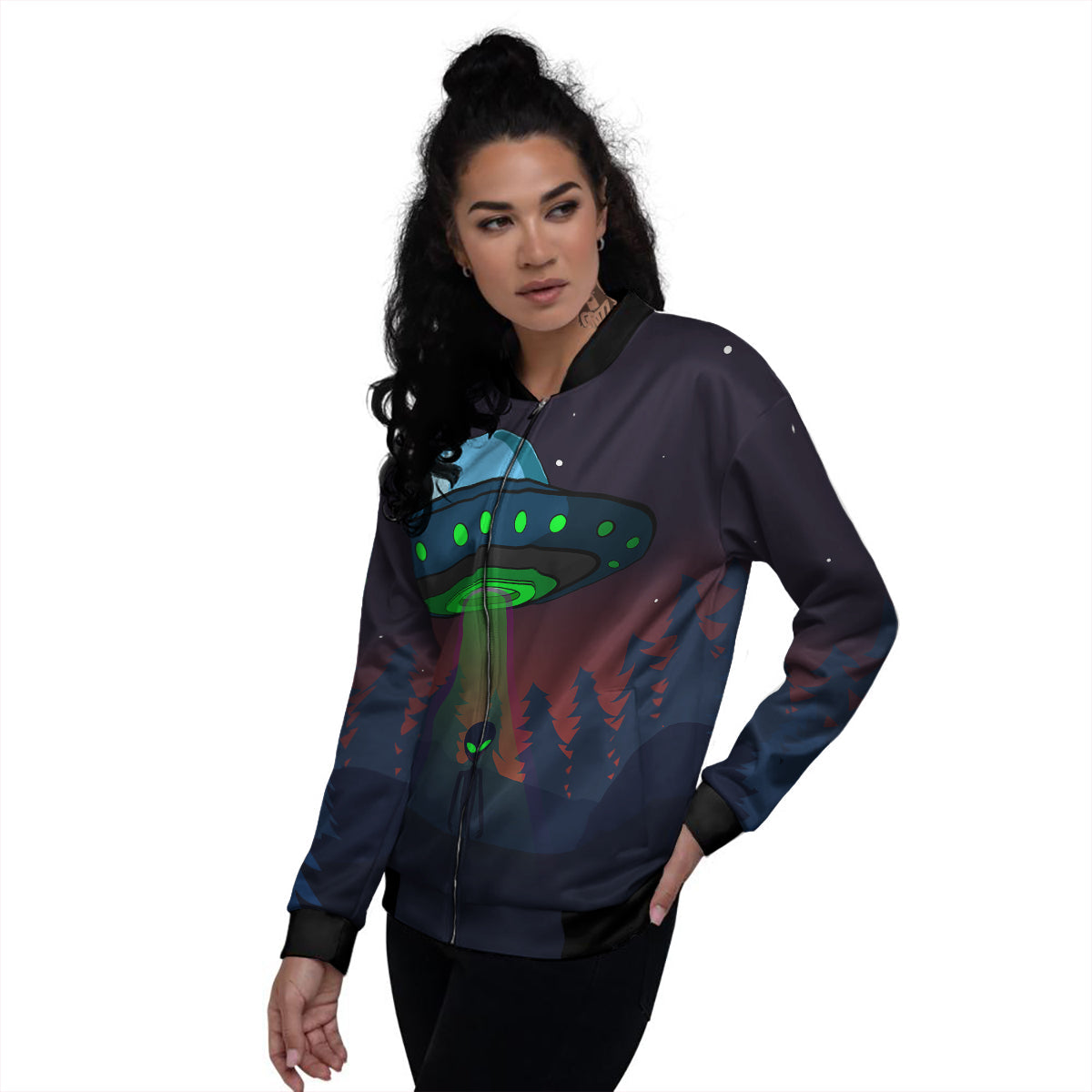 Alien Invasion On Earth Print Women's Bomber Jacket-grizzshop