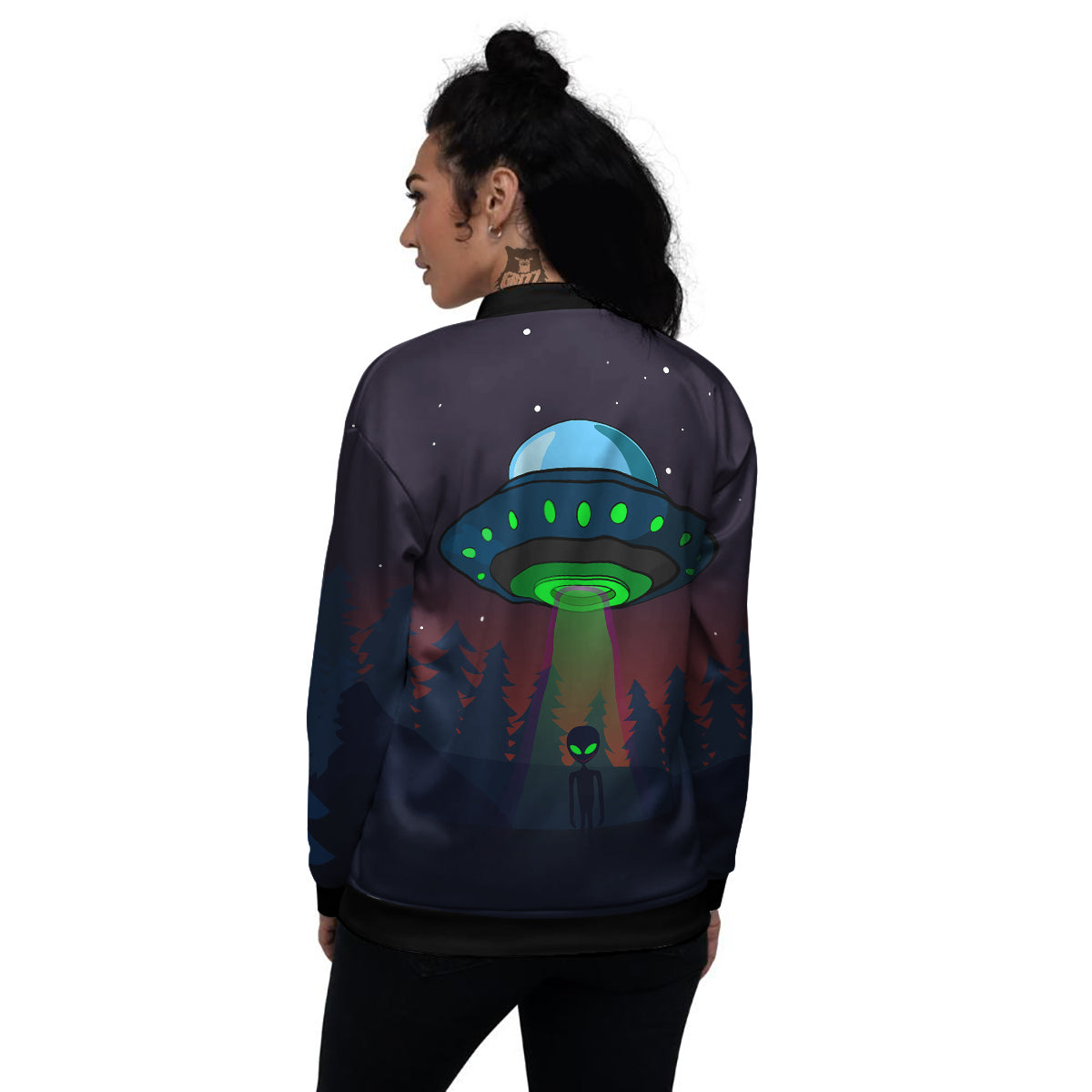 Alien Invasion On Earth Print Women's Bomber Jacket-grizzshop