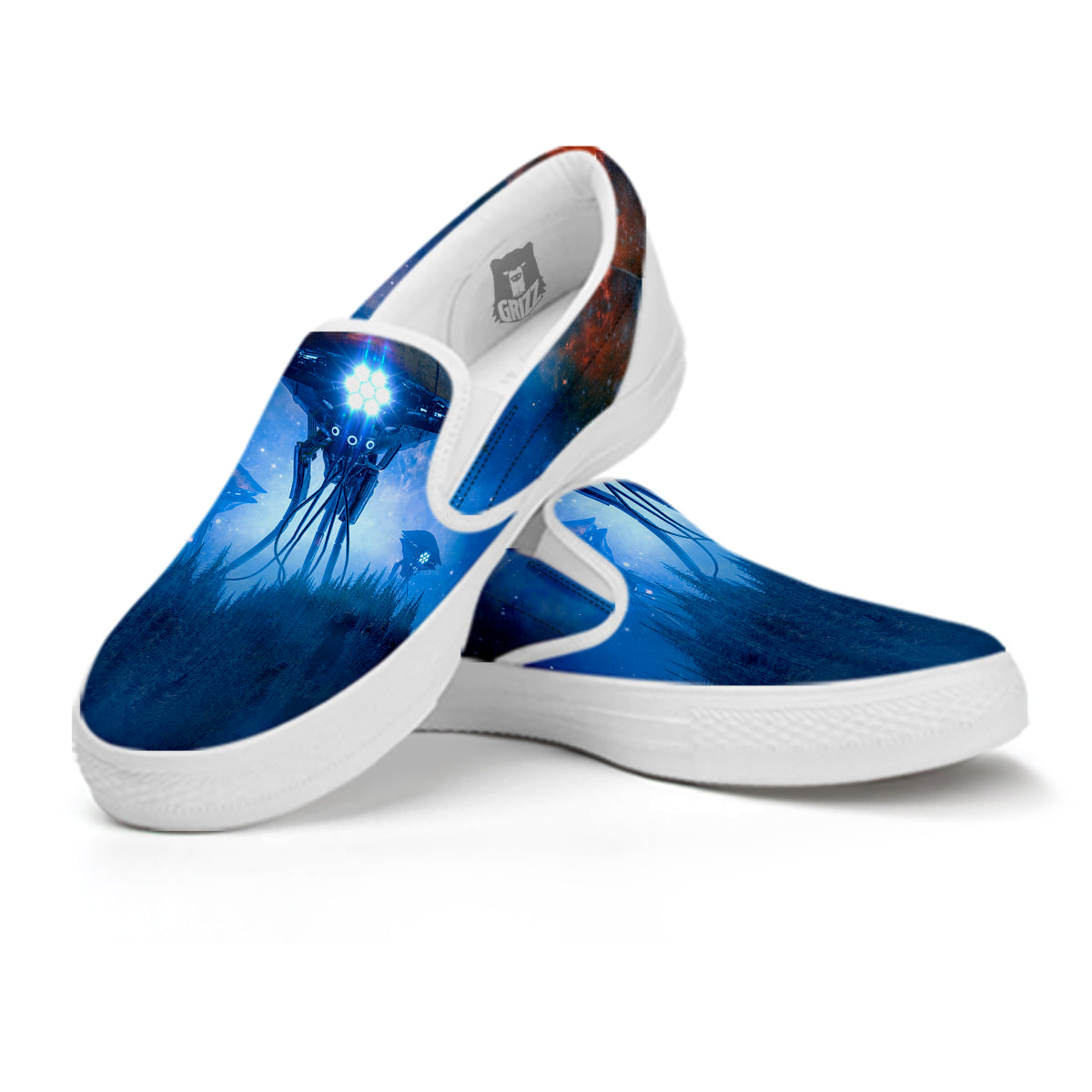 Alien Machines Print White Slip On Shoes-grizzshop