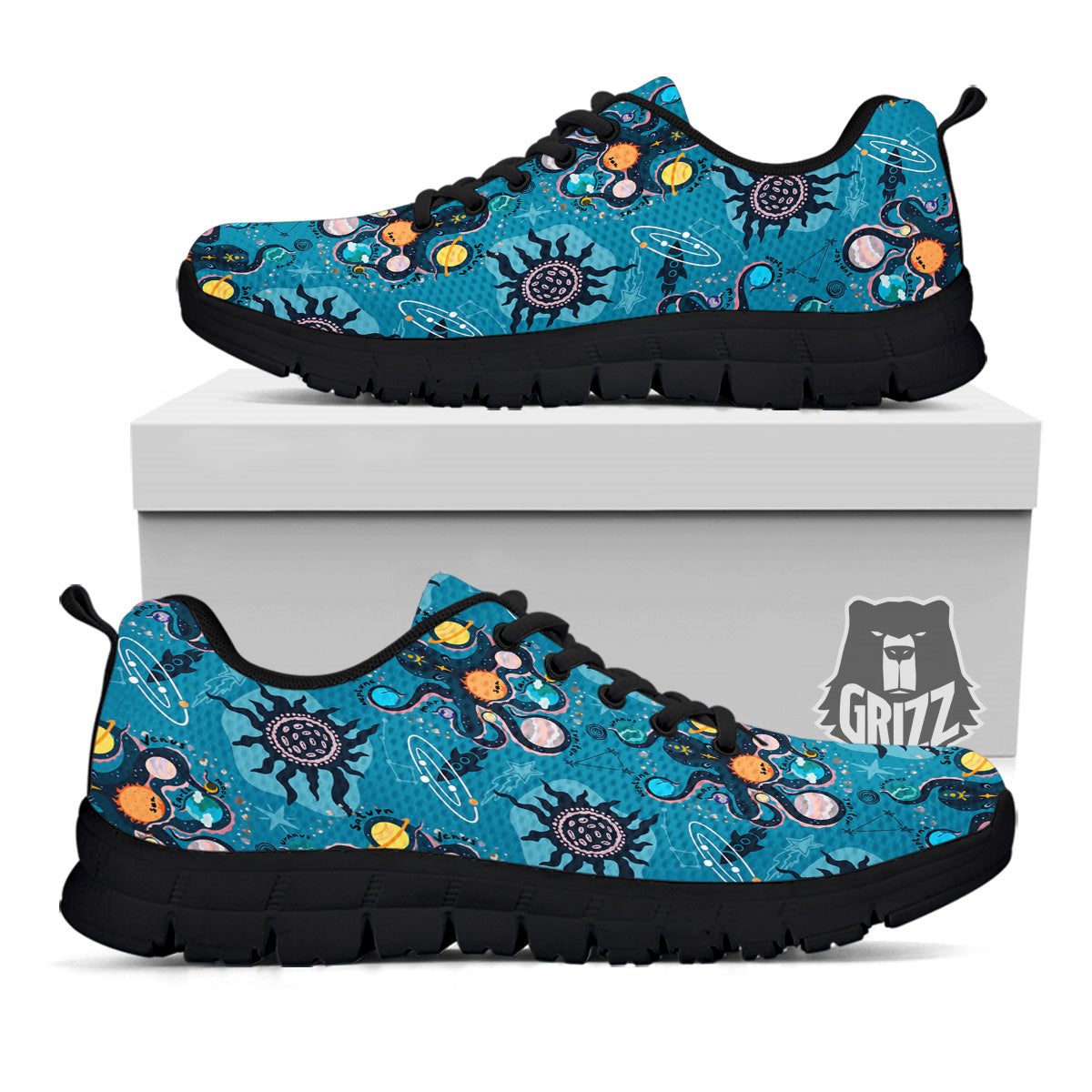 Alien On Planets Print Pattern Black Sneaker-grizzshop