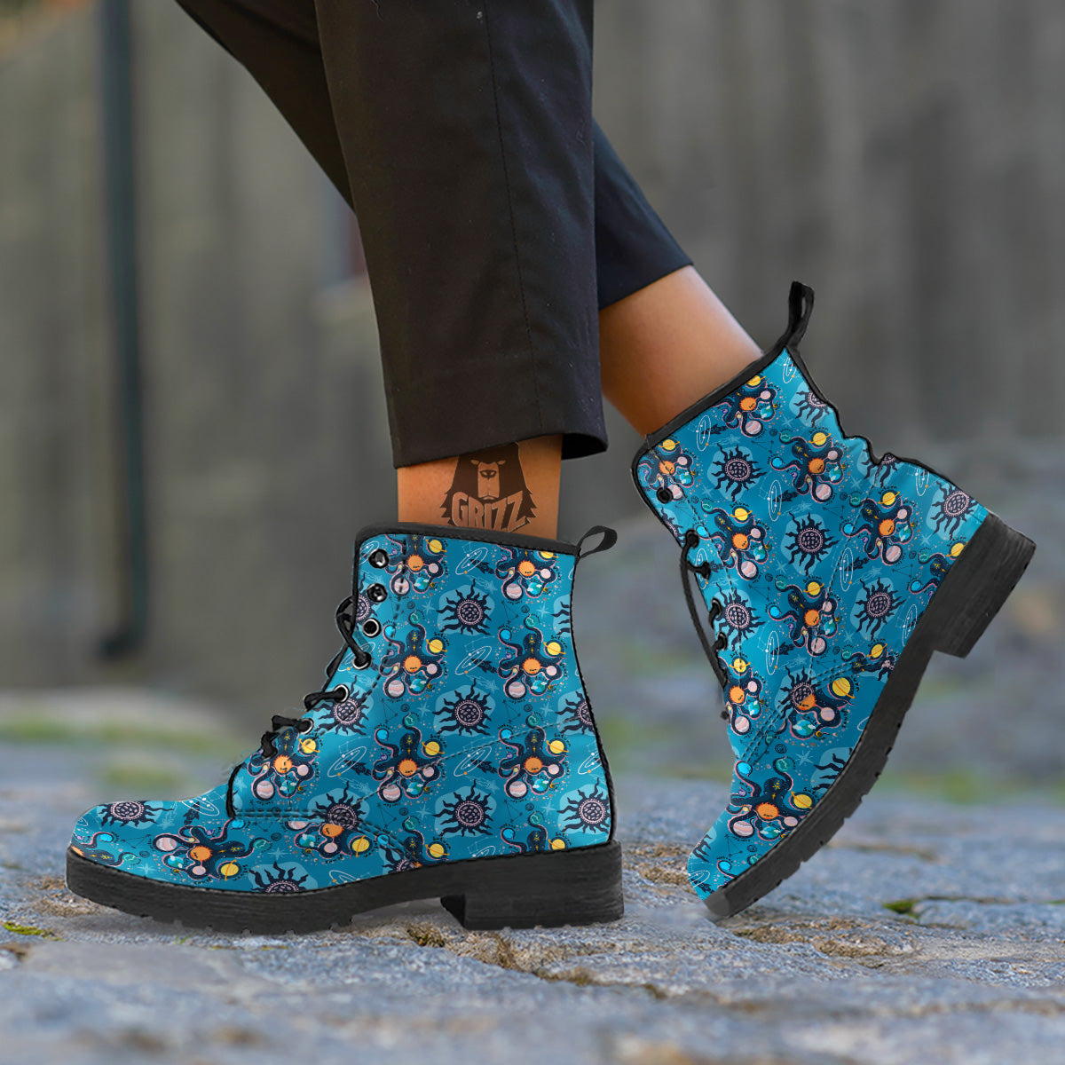 Alien On Planets Print Pattern Leather Boots-grizzshop