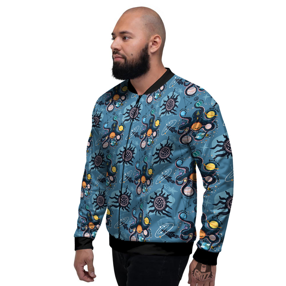 Alien On Planets Print Pattern Men's Bomber Jacket-grizzshop