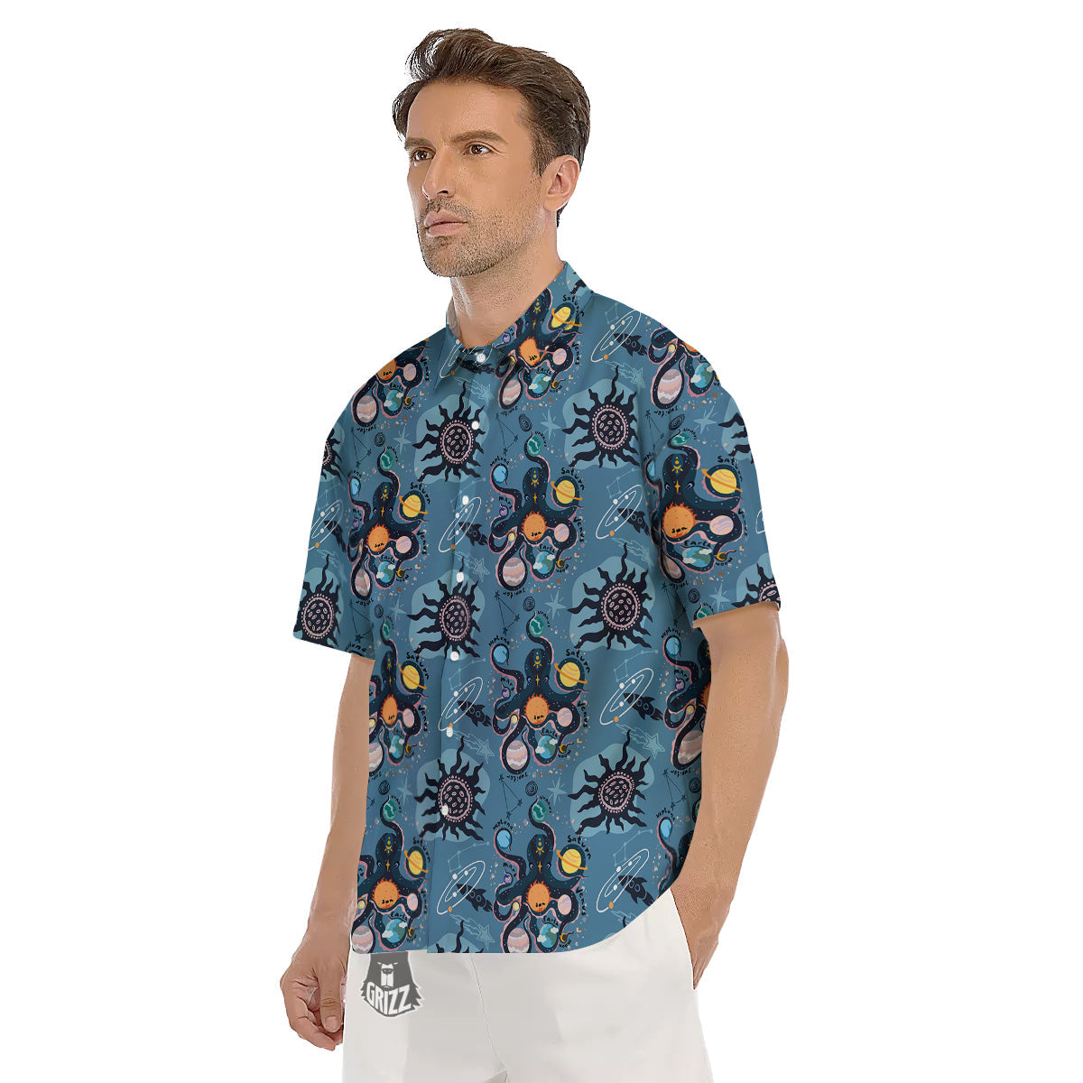 Alien On Planets Print Pattern Men's Short Sleeve Shirts-grizzshop