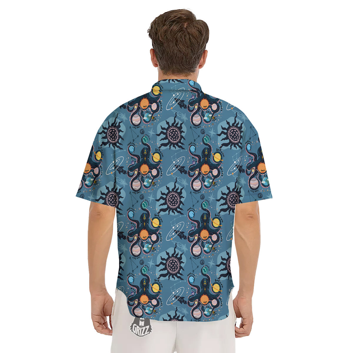 Alien On Planets Print Pattern Men's Short Sleeve Shirts-grizzshop