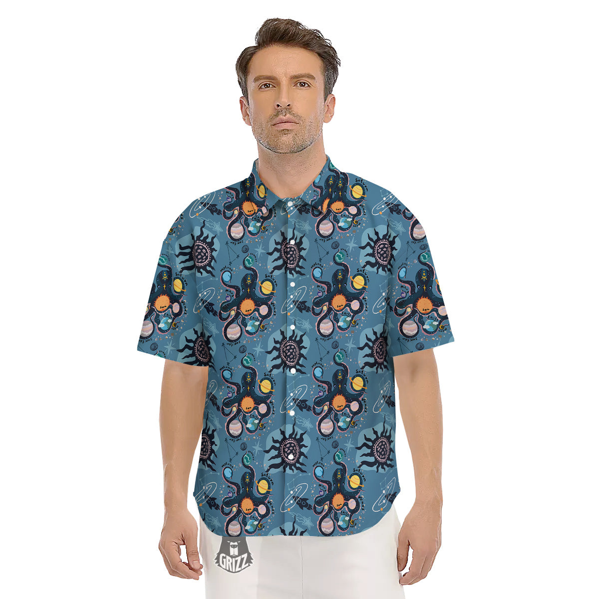 Alien On Planets Print Pattern Men's Short Sleeve Shirts-grizzshop