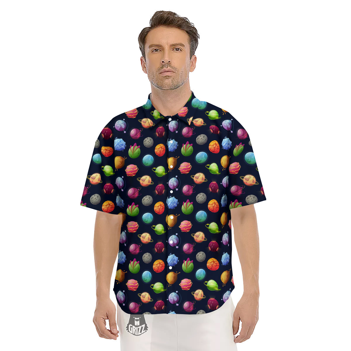 Alien Planets And Stars Print Pattern Men's Short Sleeve Shirts-grizzshop