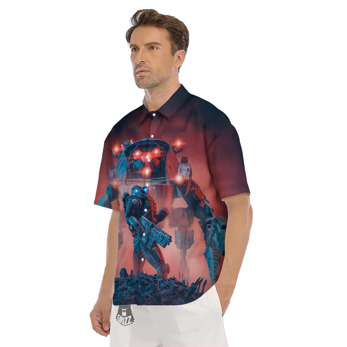 Alien Robot In the battlefield Men's Short Sleeve Shirts-grizzshop