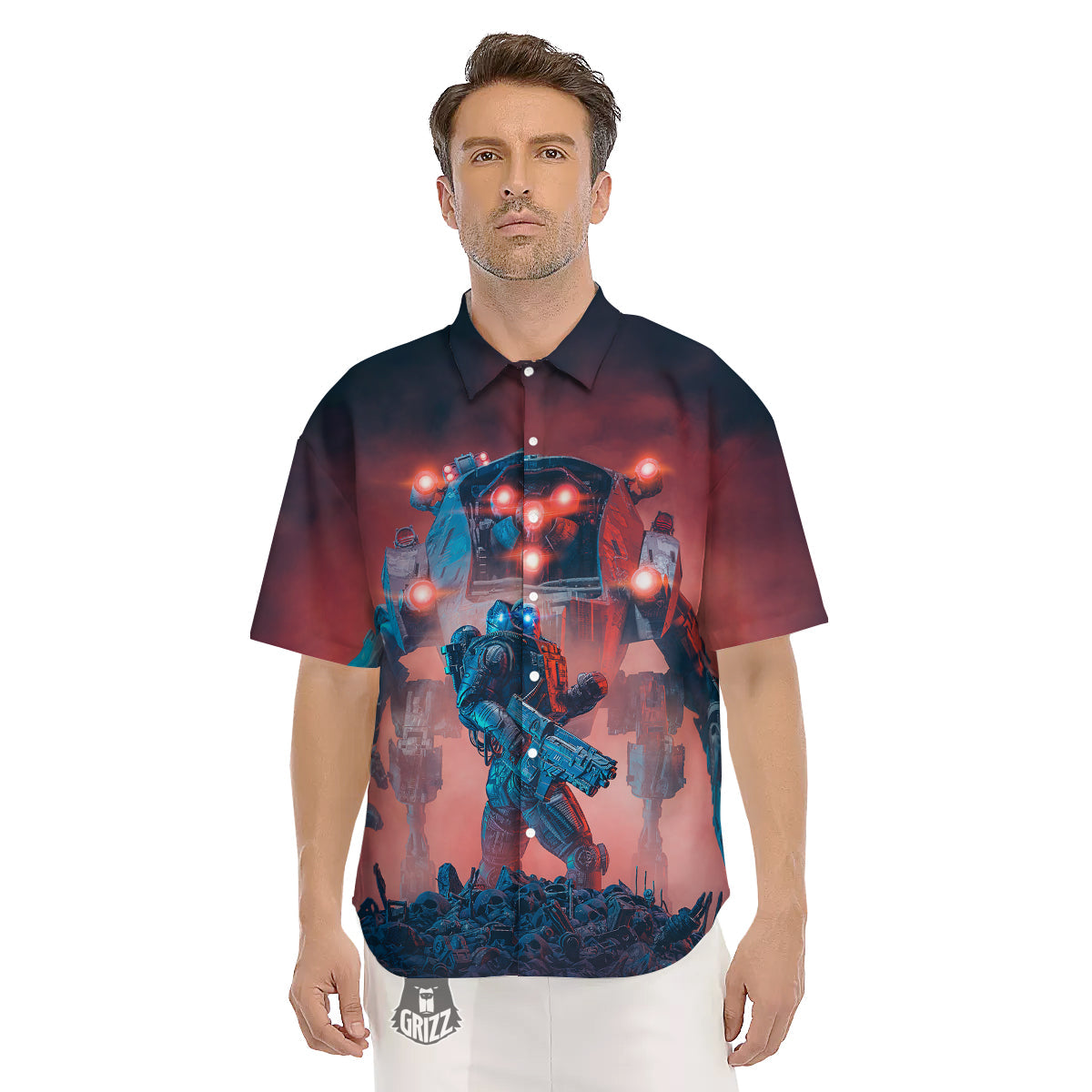 Alien Robot In the battlefield Men's Short Sleeve Shirts-grizzshop