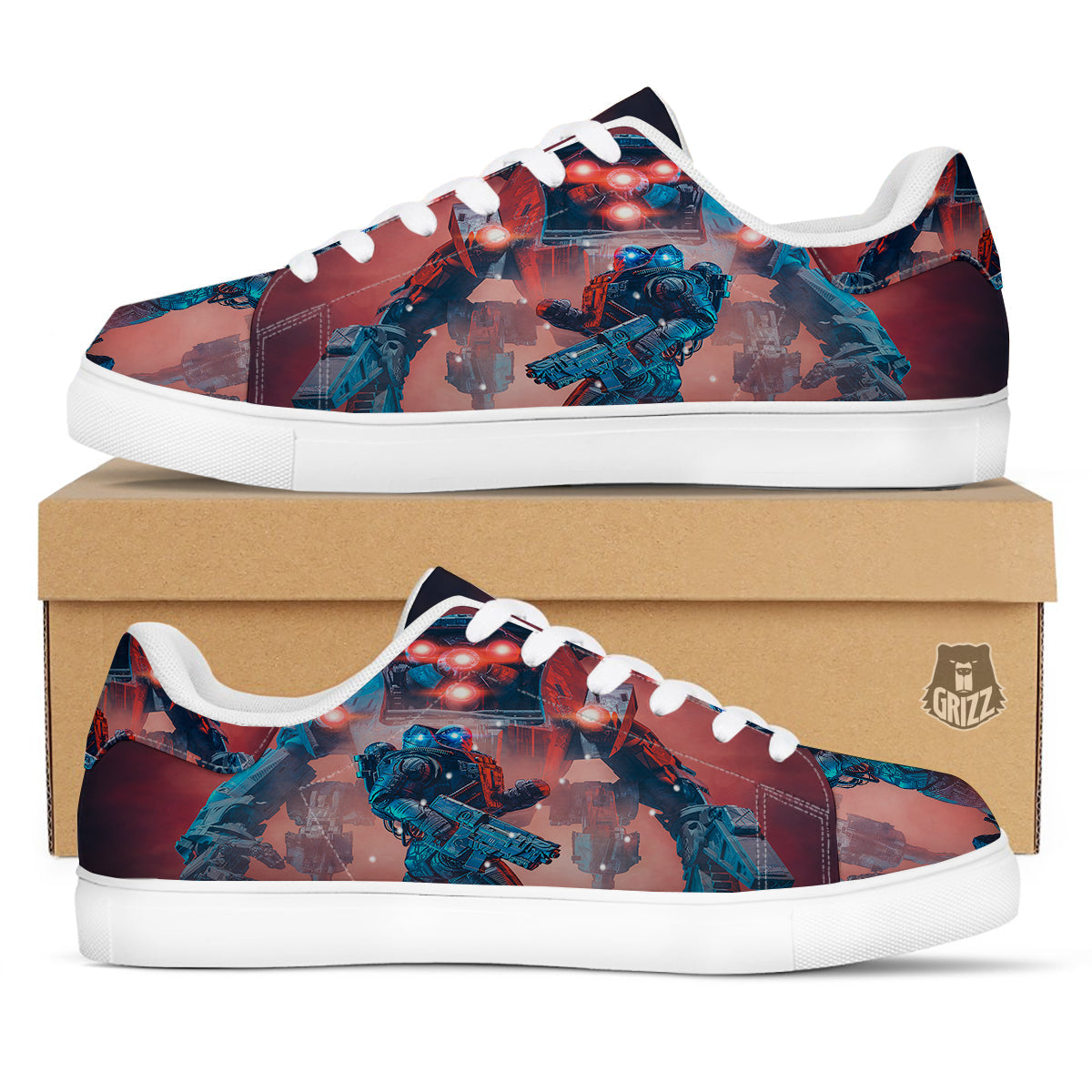 Alien Robot In the battlefield White Low Top Sneakers-grizzshop