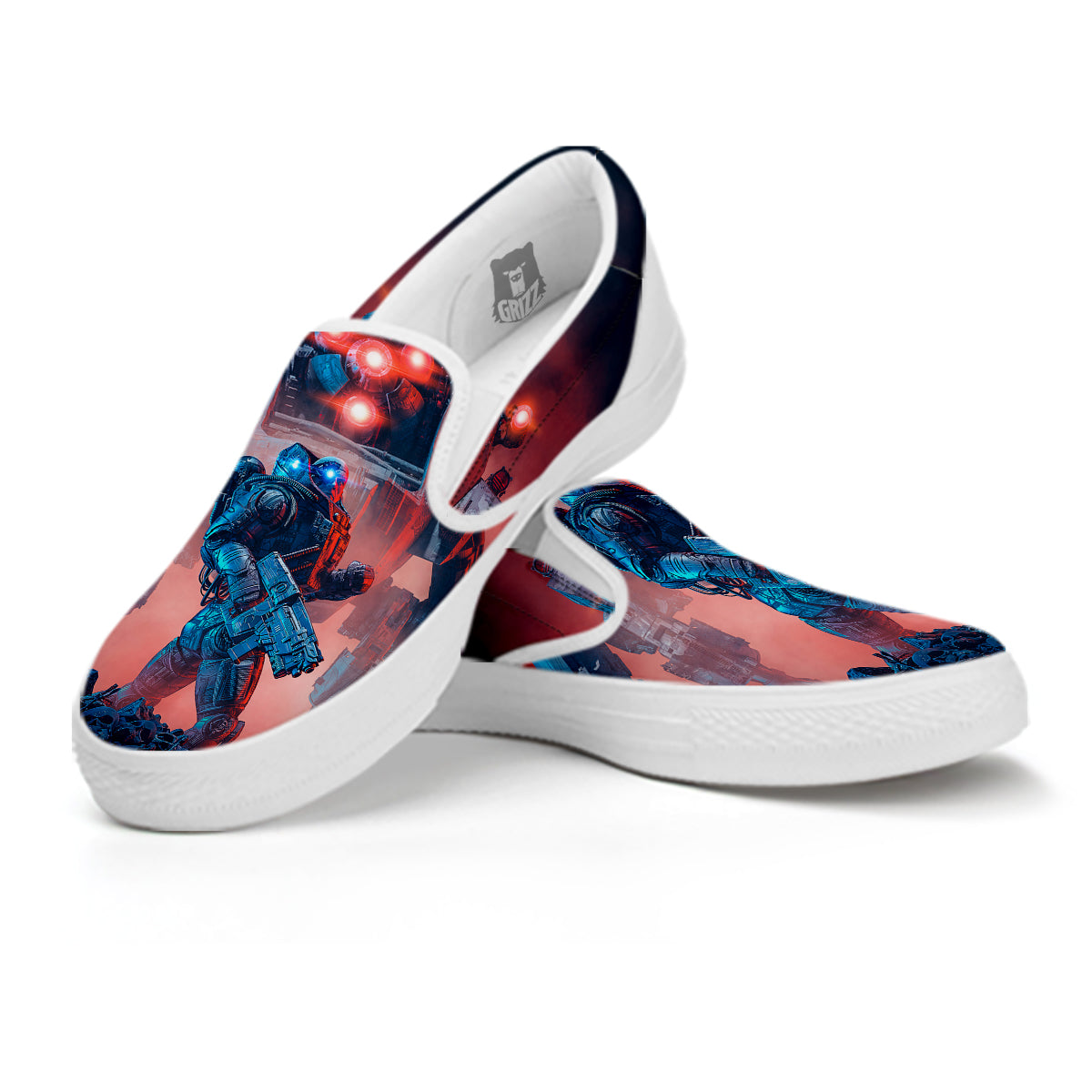 Alien Robot In the battlefield White Slip On Shoes-grizzshop