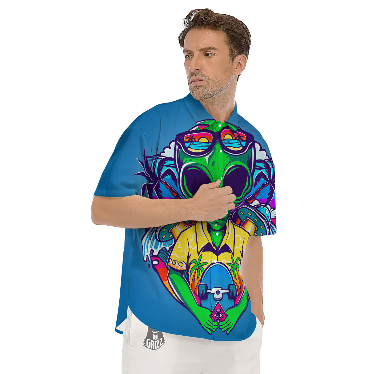 Alien Summer Beach Print Men's Short Sleeve Shirts-grizzshop