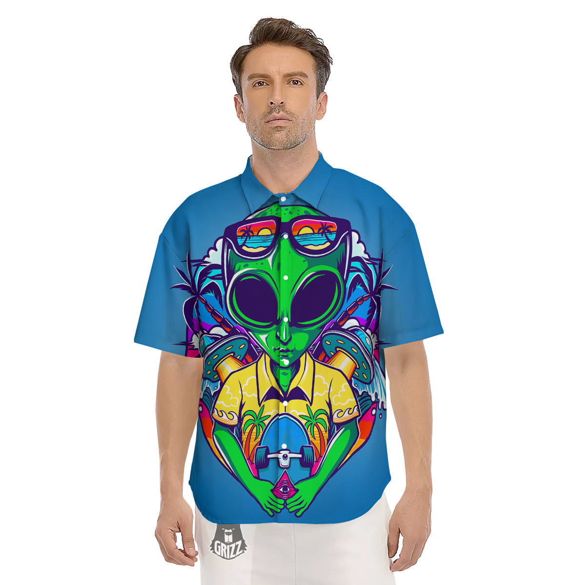 Alien Summer Beach Print Men's Short Sleeve Shirts-grizzshop