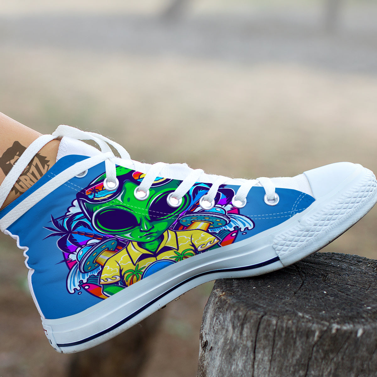 Alien Summer Beach Print White High Top Shoes-grizzshop