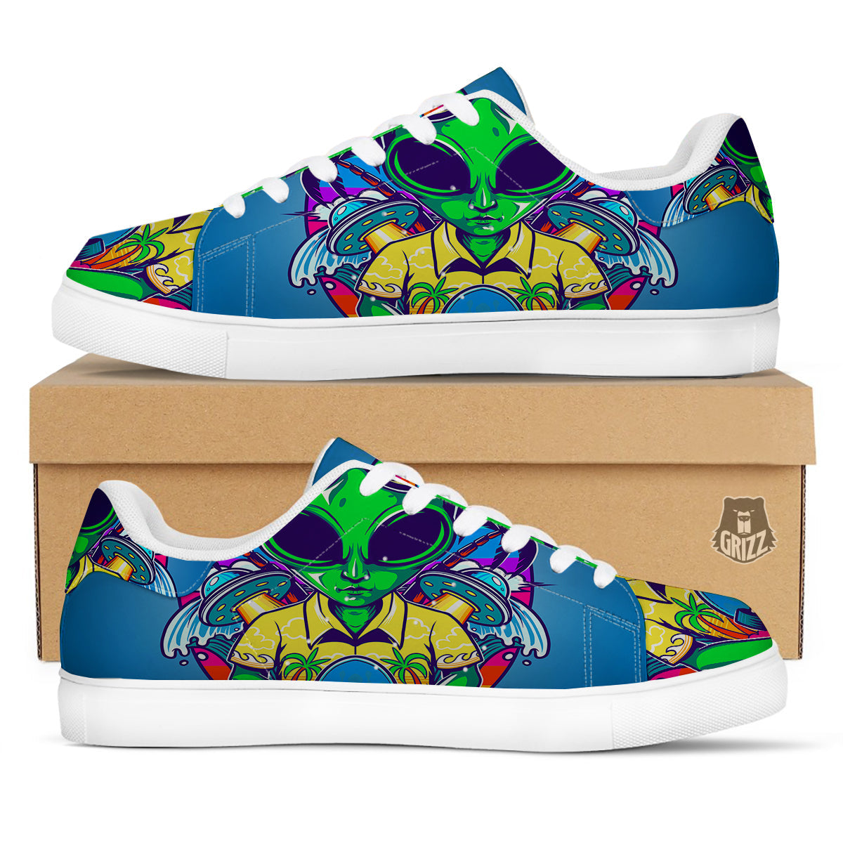 Alien Summer Beach Print White Low Top Sneakers-grizzshop