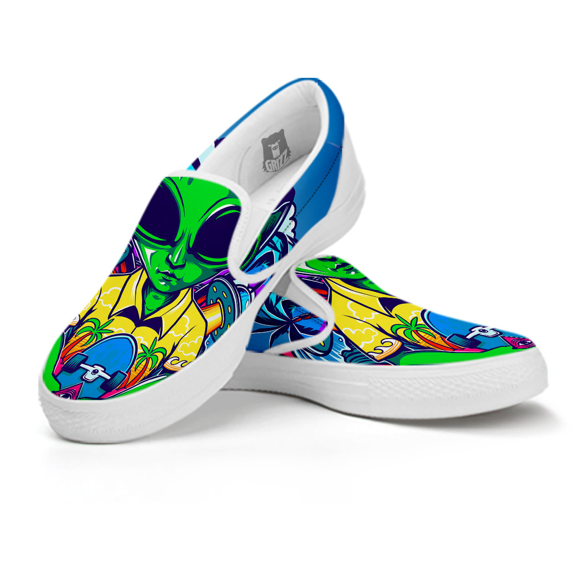 Alien Summer Beach Print White Slip On Shoes-grizzshop