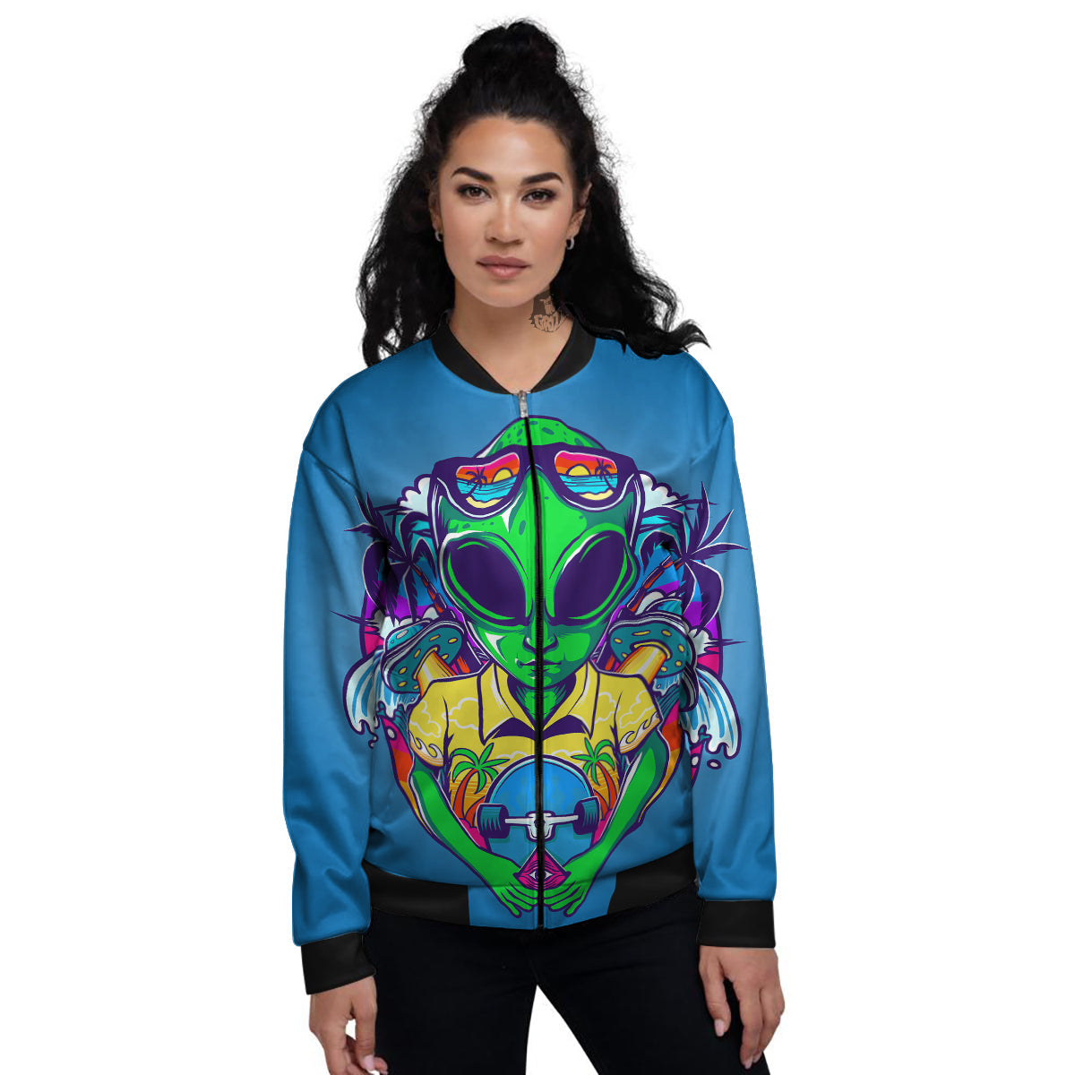 Alien Summer Beach Print Women's Bomber Jacket-grizzshop