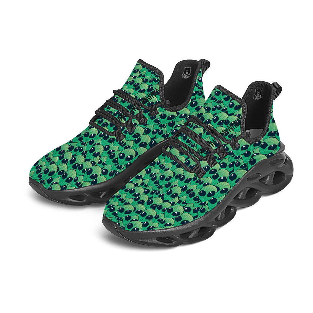 Alien UFO Green Cute Print Black Running Shoes-grizzshop