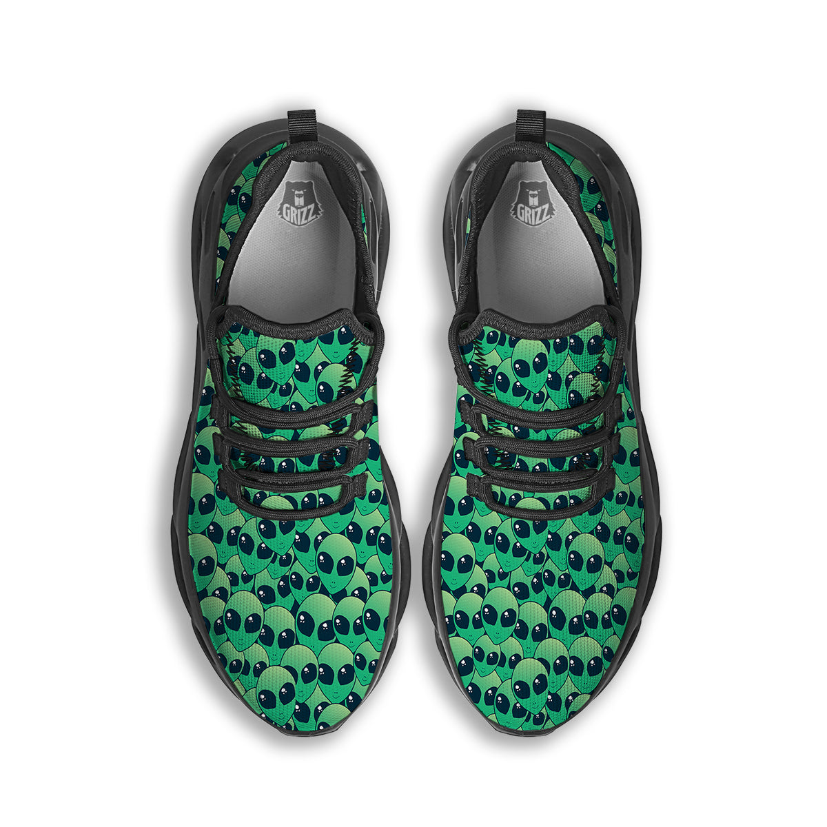 Alien UFO Green Cute Print Black Running Shoes-grizzshop