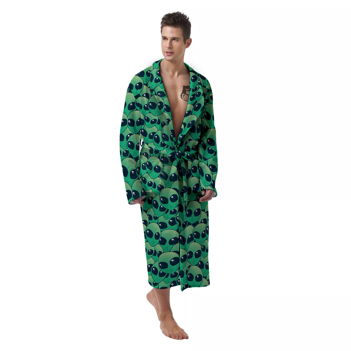 Alien UFO Green Cute Print Men's Robe-grizzshop