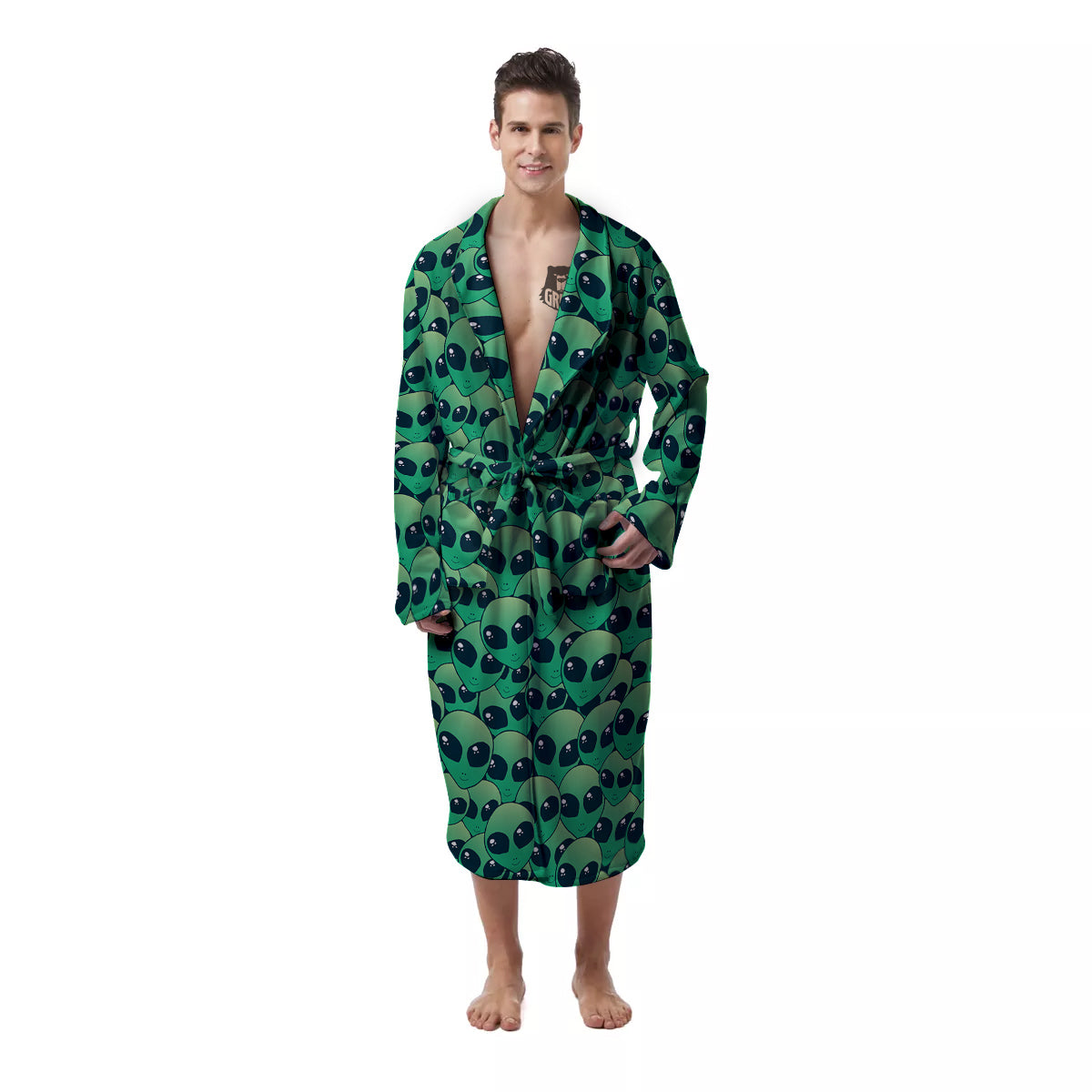 Alien UFO Green Cute Print Men's Robe-grizzshop