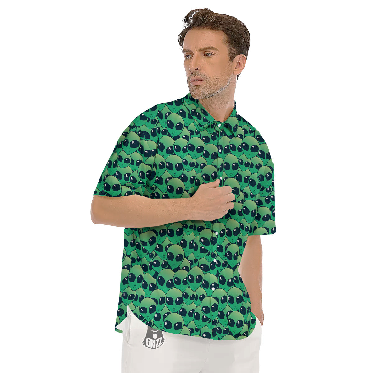 Alien UFO Green Cute Print Men's Short Sleeve Shirts-grizzshop