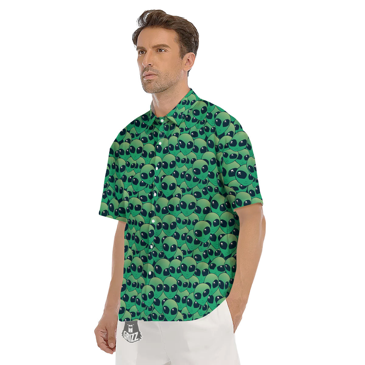 Alien UFO Green Cute Print Men's Short Sleeve Shirts-grizzshop