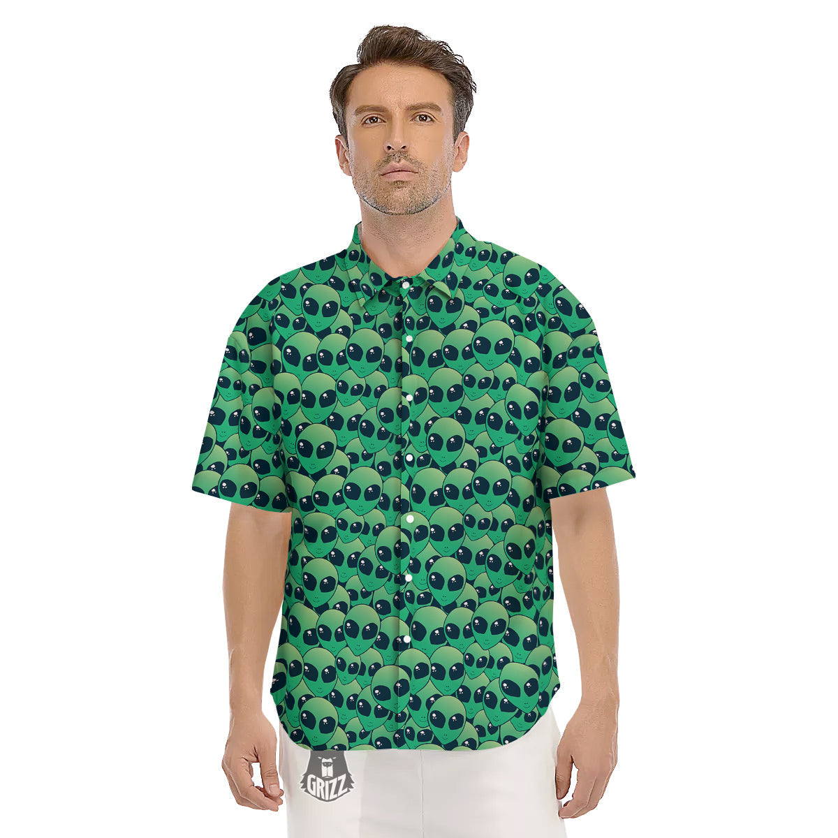 Alien UFO Green Cute Print Men's Short Sleeve Shirts-grizzshop