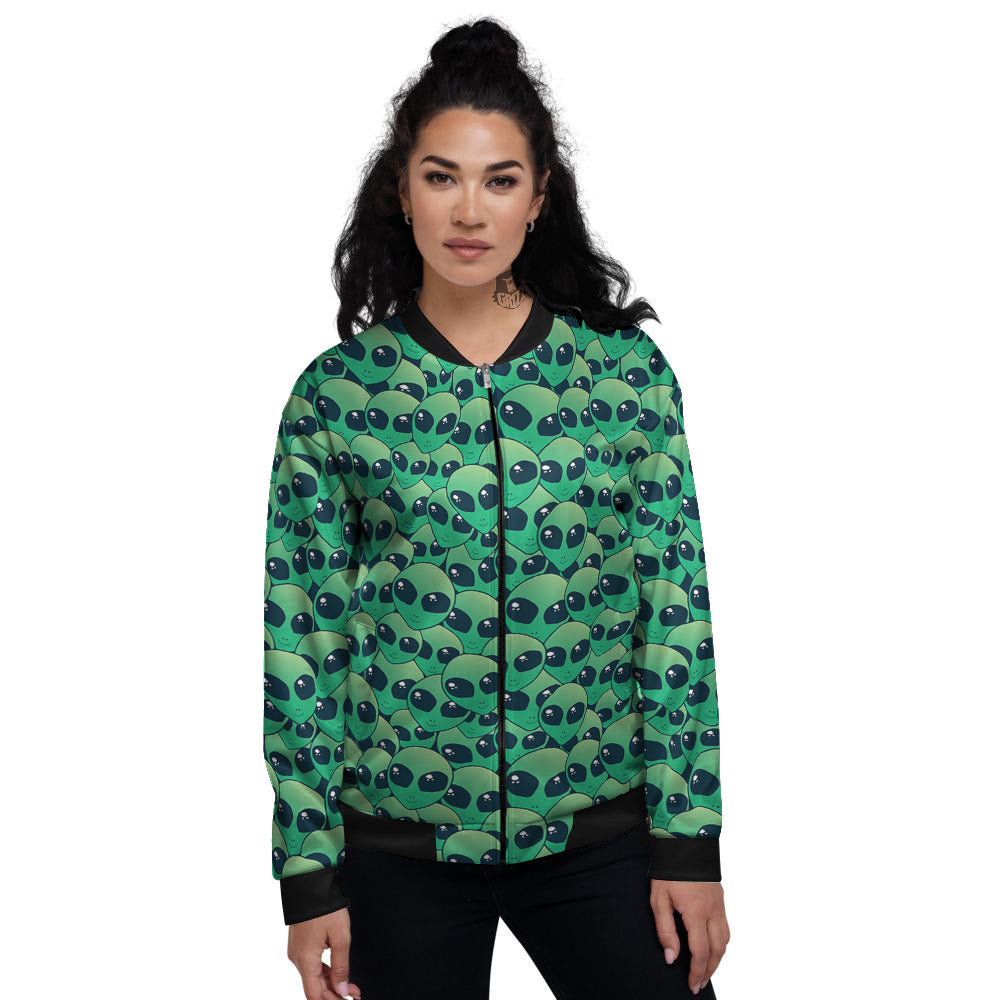 Alien UFO Green Cute Print Women's Bomber Jacket-grizzshop
