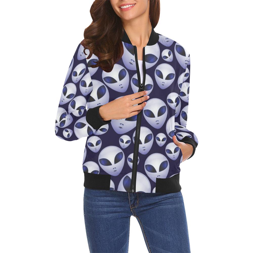 Alien Ufo Pattern Print Women Casual Bomber Jacket-grizzshop