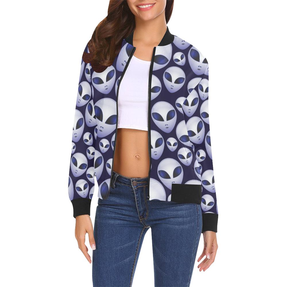 Alien Ufo Pattern Print Women Casual Bomber Jacket-grizzshop