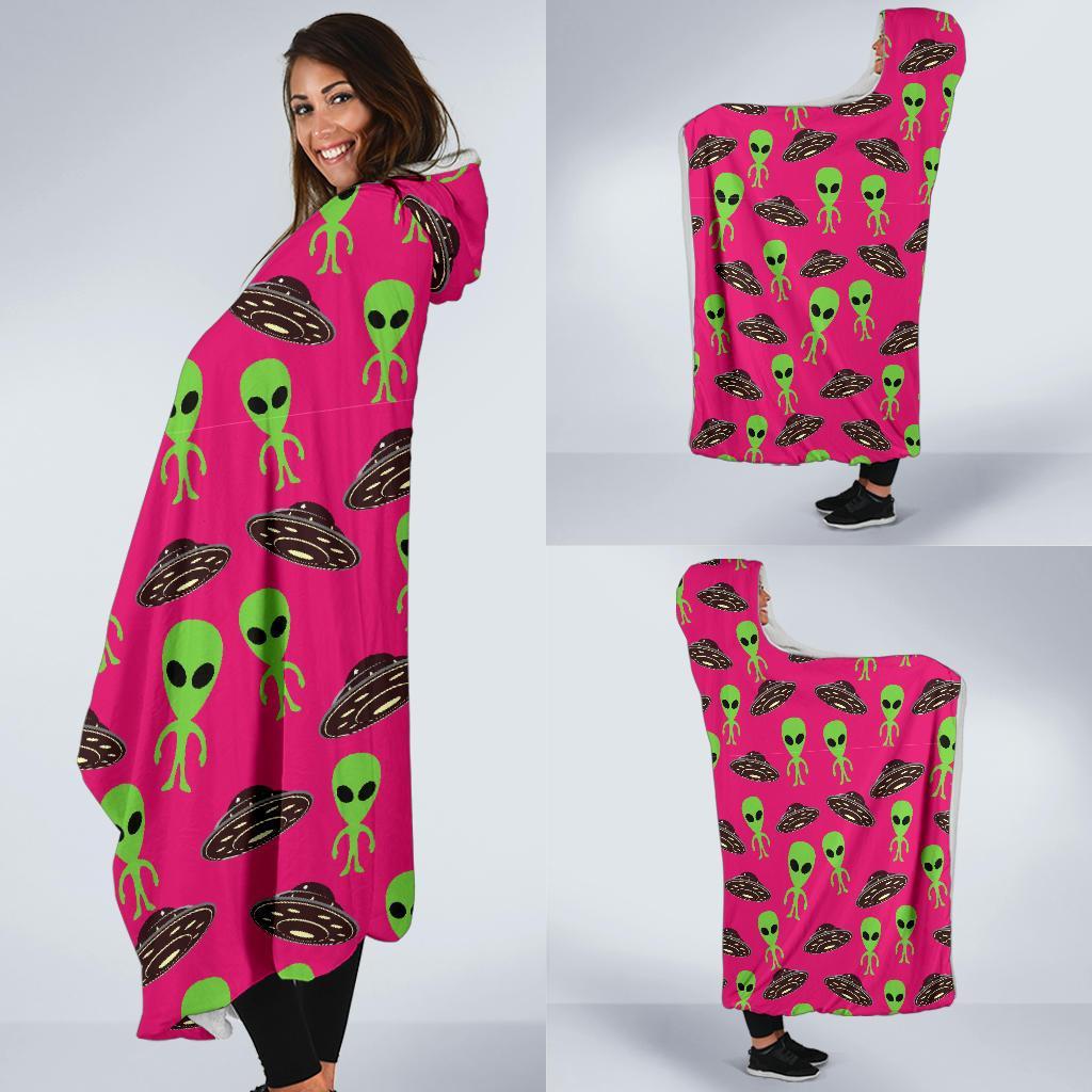 Alien Ufo Pink Pattern Print Hooded Blanket-grizzshop