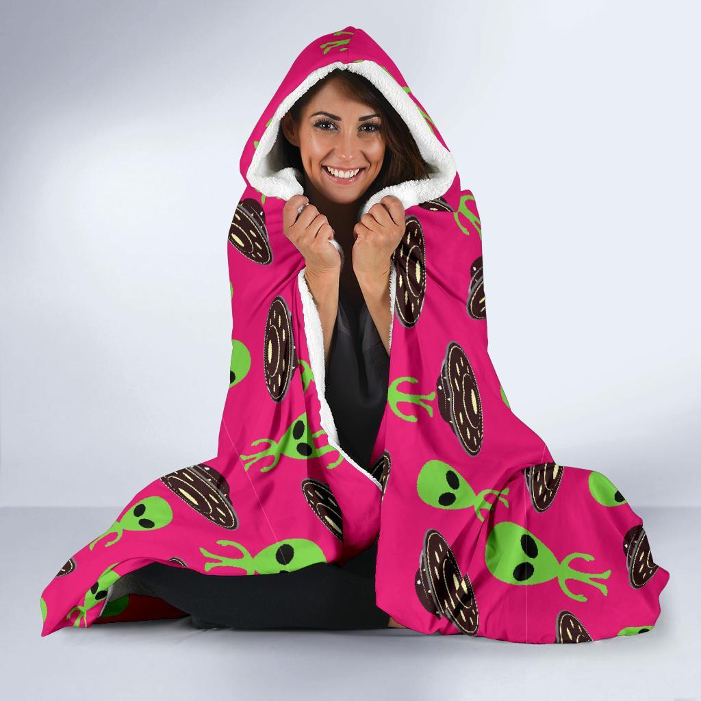 Alien Ufo Pink Pattern Print Hooded Blanket-grizzshop