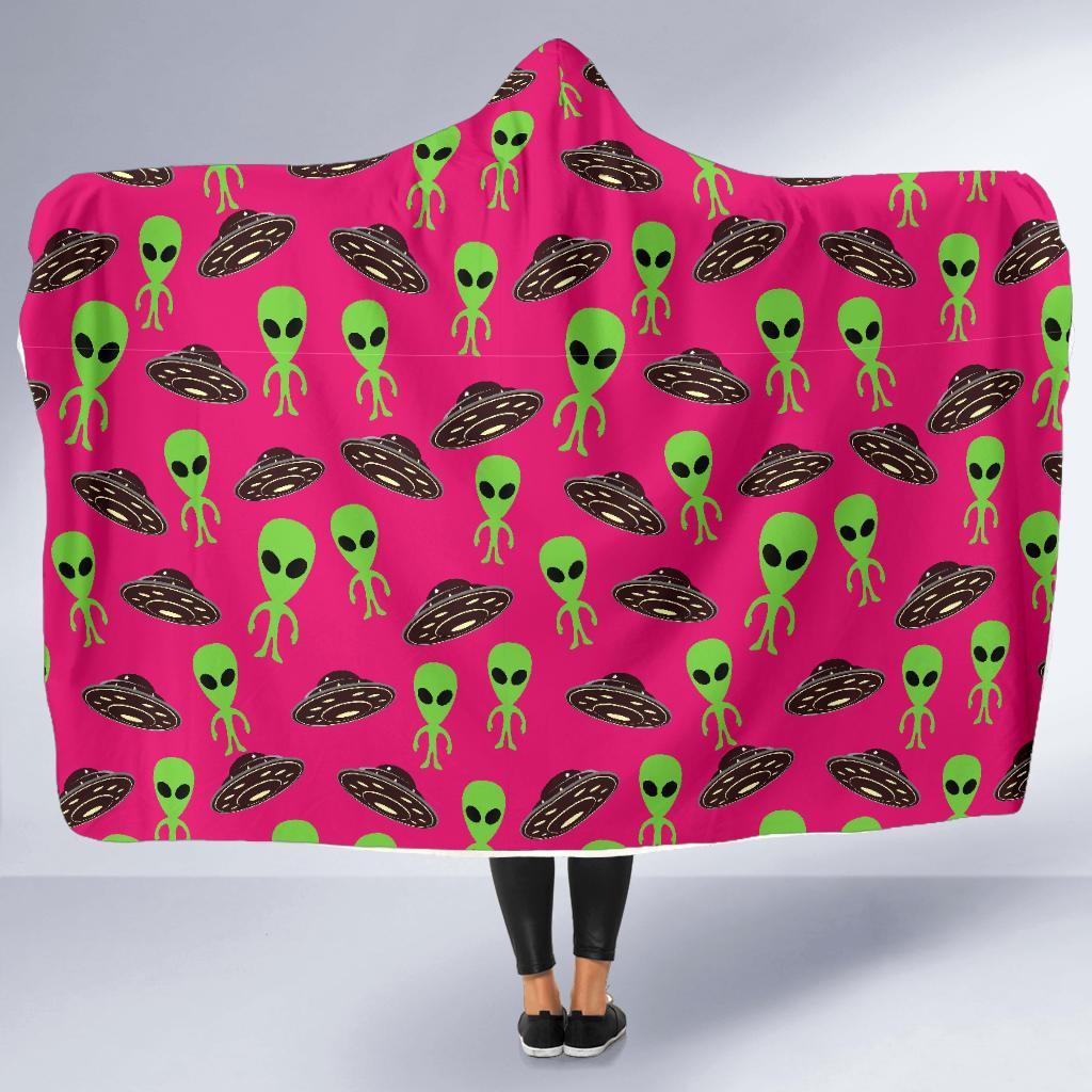 Alien Ufo Pink Pattern Print Hooded Blanket-grizzshop