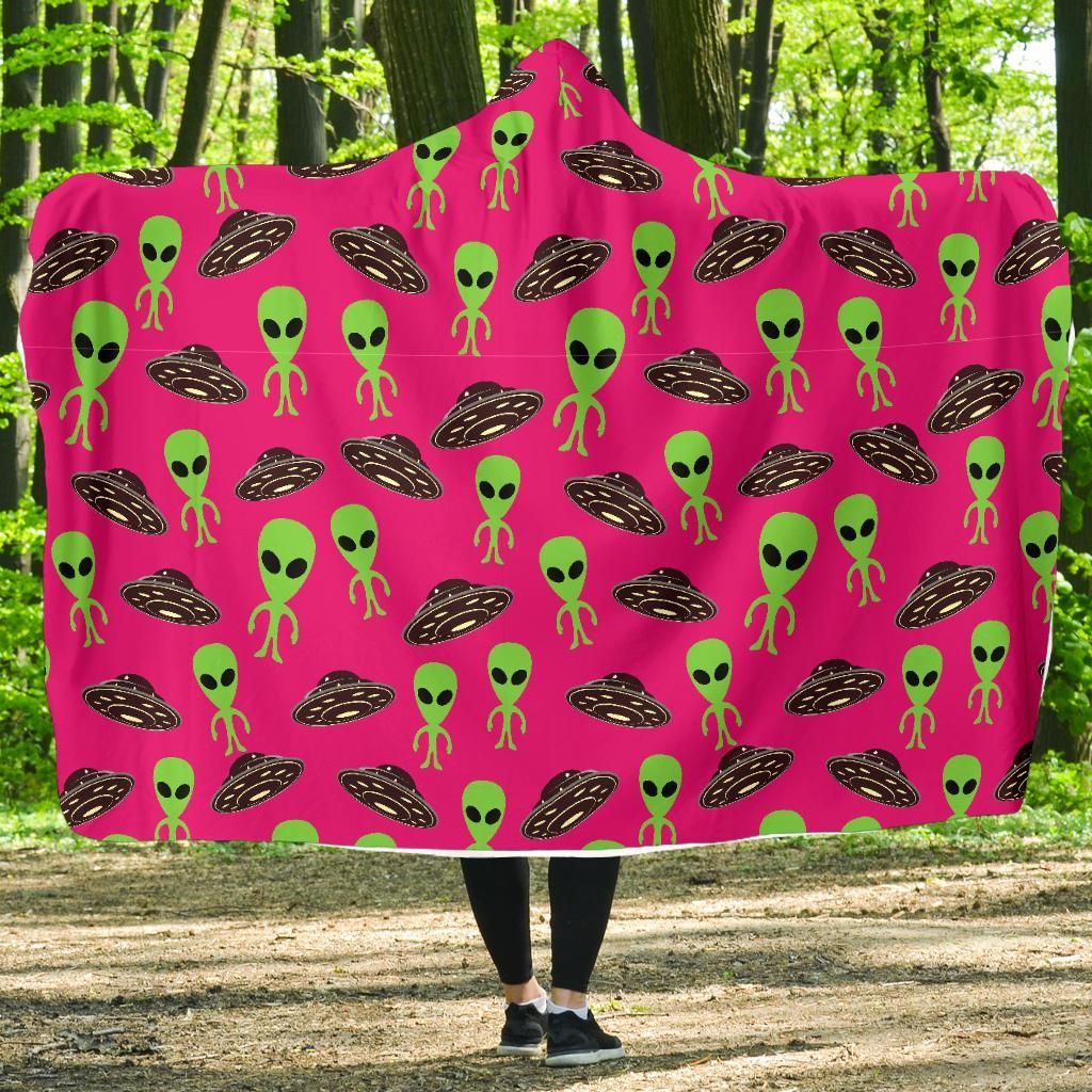 Alien Ufo Pink Pattern Print Hooded Blanket-grizzshop