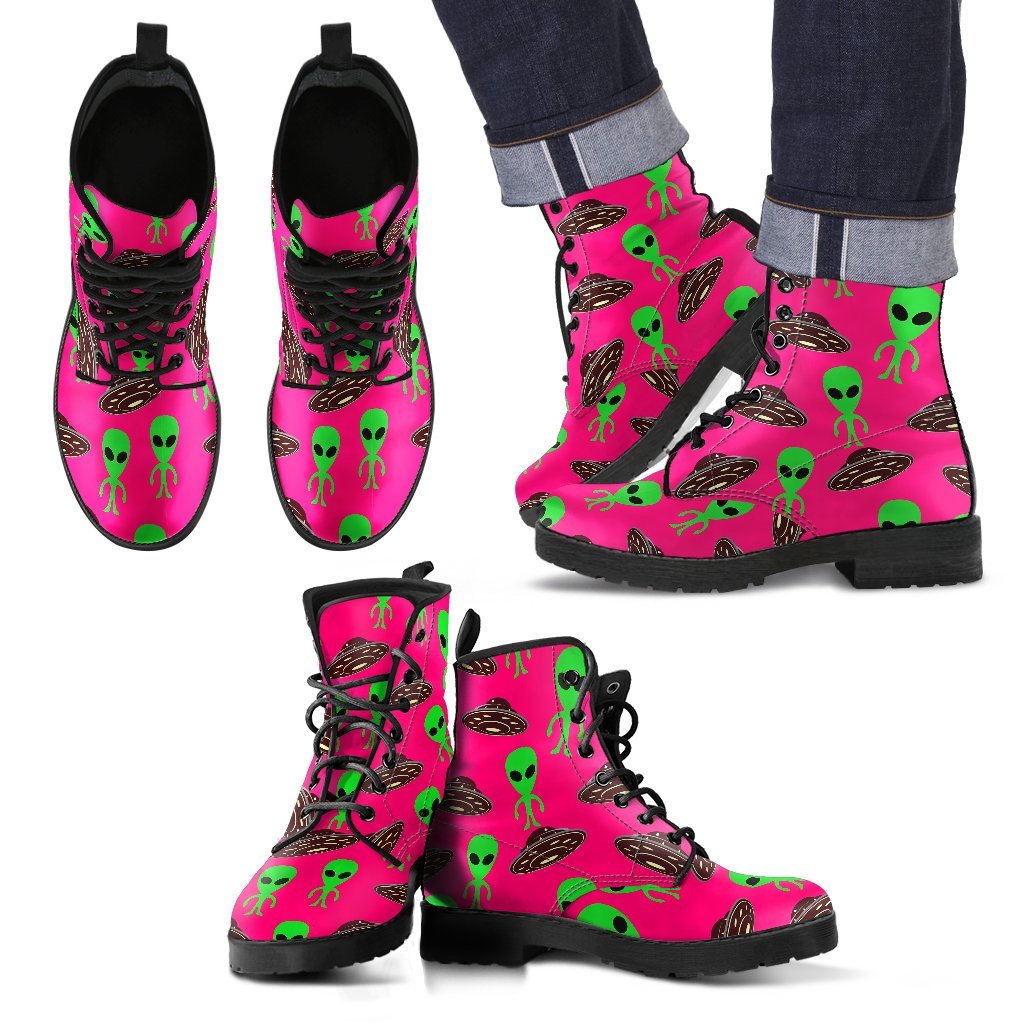 Alien Ufo Pink Pattern Print Men Women Leather Boots-grizzshop