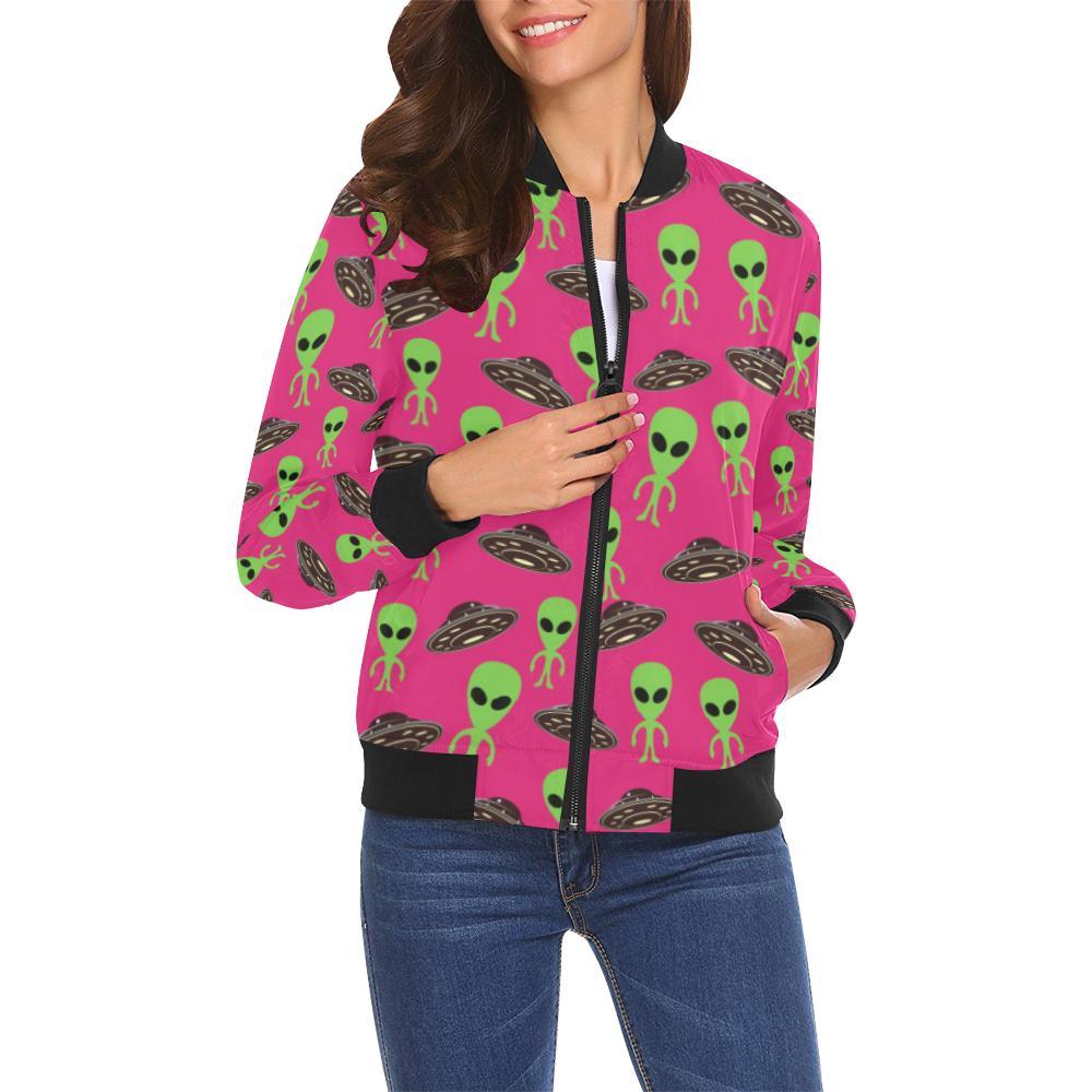 Alien Ufo Pink Pattern Print Women Casual Bomber Jacket-grizzshop