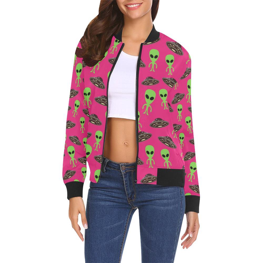 Alien Ufo Pink Pattern Print Women Casual Bomber Jacket-grizzshop